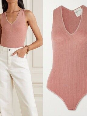 Forte Forte Wool knit Ribbed metallic Rose Pink V-Neck Bodysuit